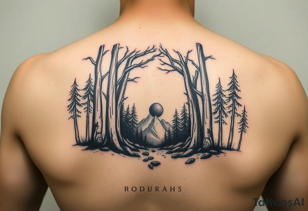A forest with a doorway that is slightly ajar, leading to space tattoo idea