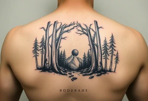 A forest with a doorway that is slightly ajar, leading to space tattoo idea