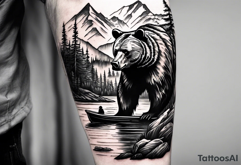 bear head right above the forest line with a lake below with a small fishermans boat floating on it, full arm sleeve tattoo tattoo idea