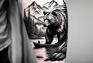 bear head right above the forest line with a lake below with a small fishermans boat floating on it, full arm sleeve tattoo tattoo idea