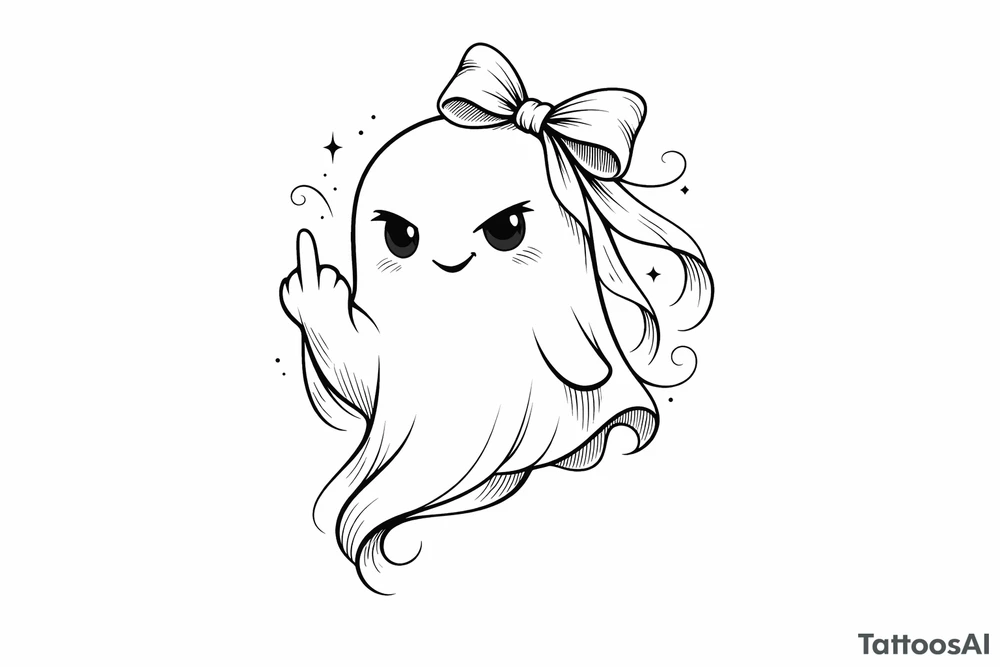 Playful ghost with a ribbon, middle finger raised, minimalist design. tattoo idea