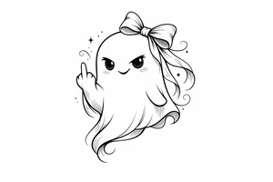 Playful ghost with a ribbon, middle finger raised, minimalist design. tattoo idea