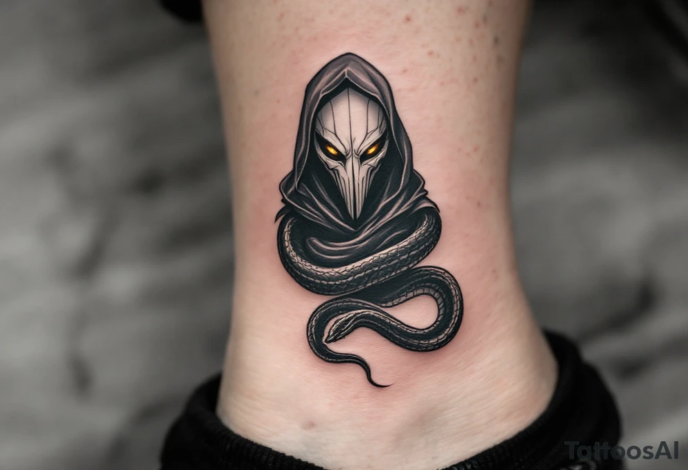 Plague Doctor with a Snake – A dark-robed doctor witn a silver-gray with tipical plafue mask, with a black viper wrapped around their arm, symbolizing healing and poison. The snake's eyes glow deep amber, adding a mystical touch. tattoo idea