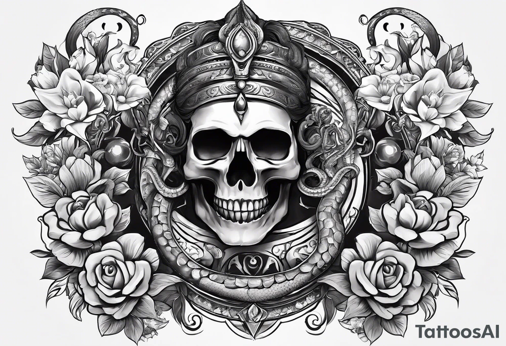 5. A combination of skulls and flowers on the upper arm, with Mahadev's face on the forearm, and a serpent or snake (representing rebirth) wrapping around the arm. tattoo idea