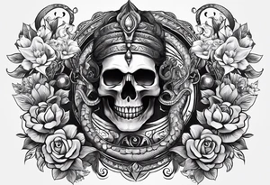5. A combination of skulls and flowers on the upper arm, with Mahadev's face on the forearm, and a serpent or snake (representing rebirth) wrapping around the arm. tattoo idea