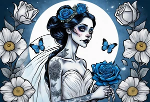 corpse bride Emily wearing a wedding dress she is holding a blue rose bouquet of flowers. one white daisy in the middle of the bouquet. one blue butterfly. A full moon on the background. full grown tattoo idea