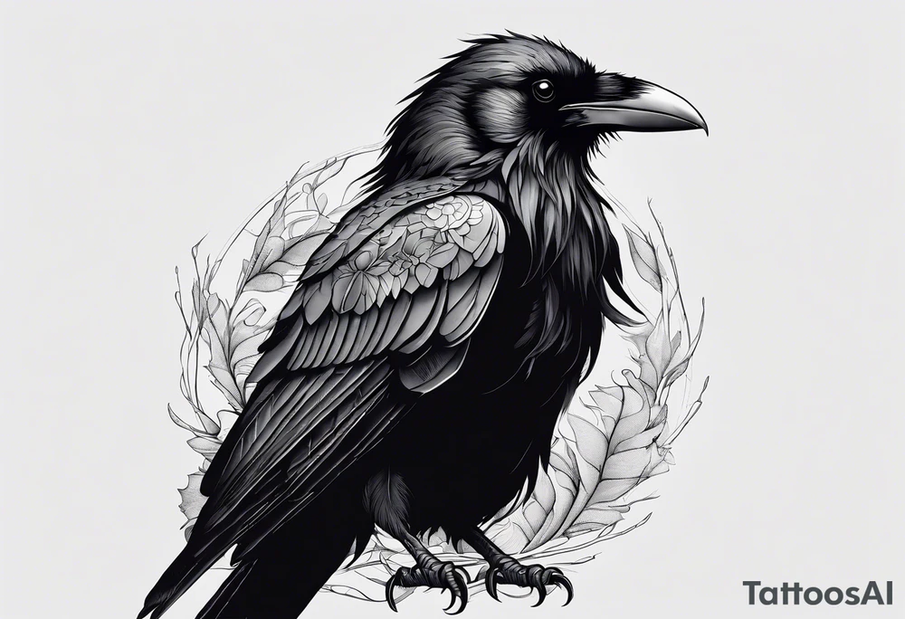 a scary black raven facing left tattoo idea