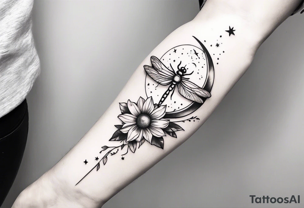 sun and moon together, dragonfly, something that covers the upper part of the arm, with some flowers and stars tattoo idea
