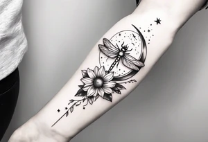 sun and moon together, dragonfly, something that covers the upper part of the arm, with some flowers and stars tattoo idea