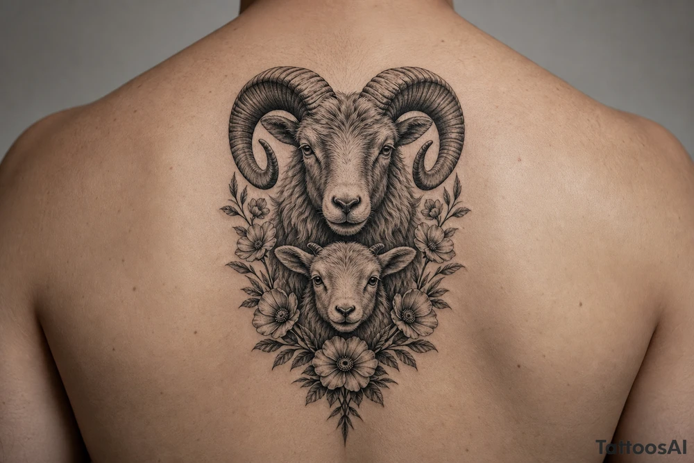 Mother ram baby ram with flowers the mother ram on top the baby ram on bottom tattoo idea