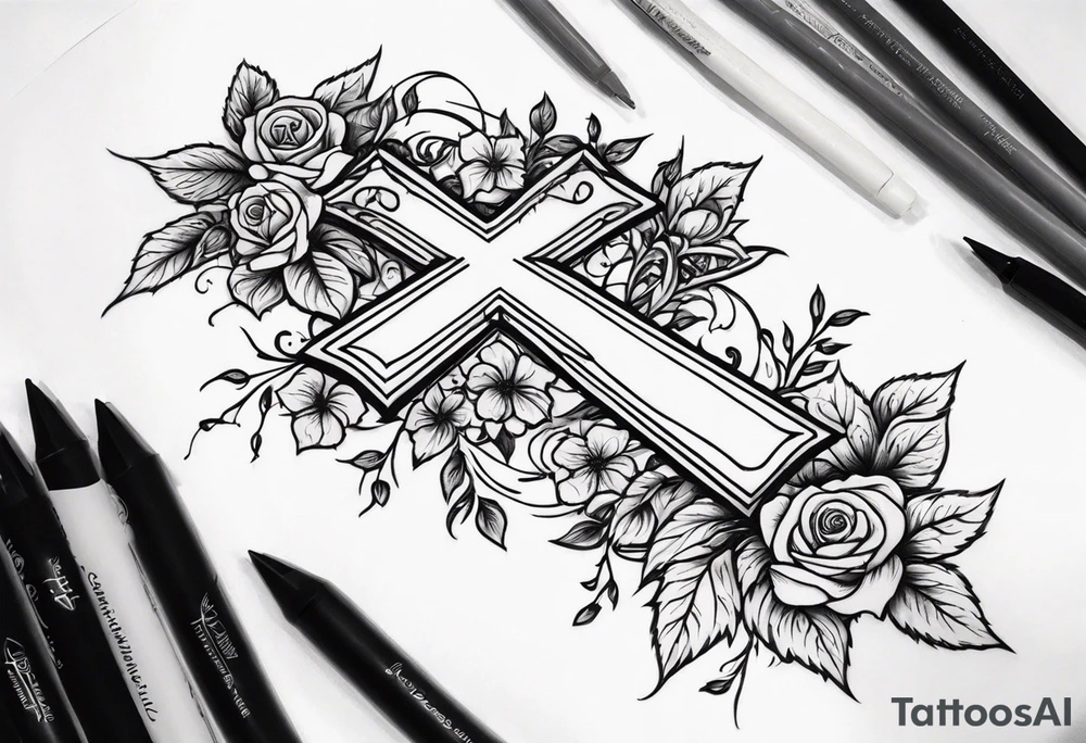 Cross with roses and vines on forarm tattoo idea