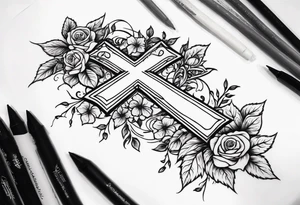 Cross with roses and vines on forarm tattoo idea