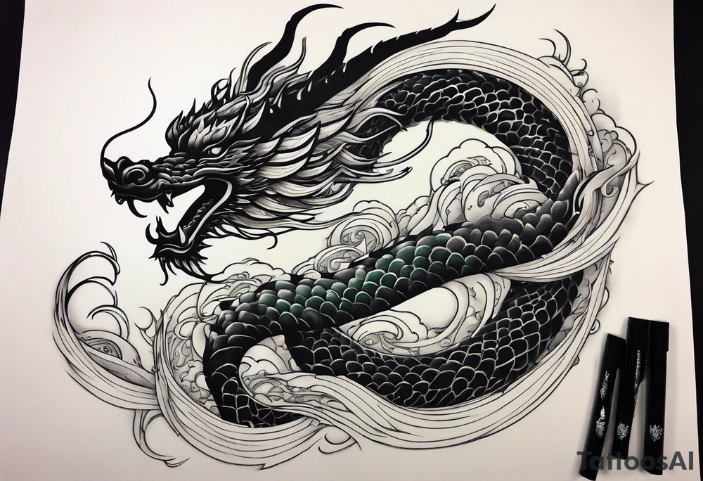 An epic floating asian dragon. Its long body coiling dynamically, with scales and horns detailed to create a sense of movement and strength. The dragon's color is giving a vibrant depth and a mystical aura. This tattoo highlights the dragon’s fierce expression and sharp claws. tattoo idea