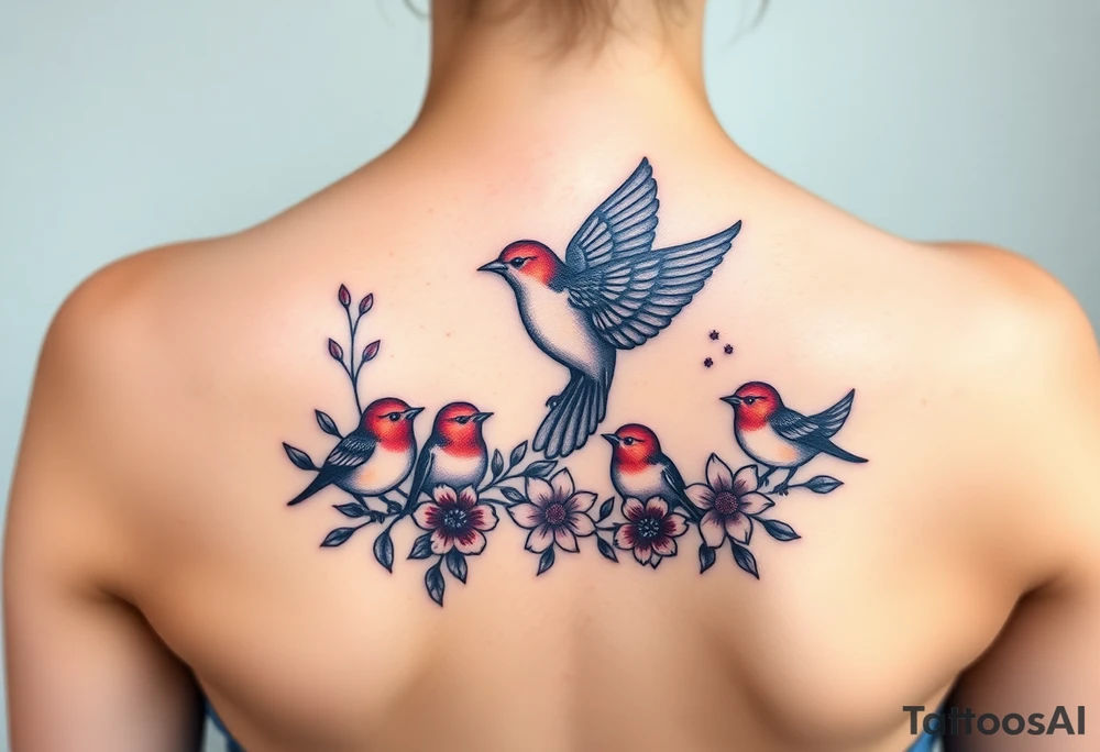 Mom bird and three baby birds with flowers tattoo idea