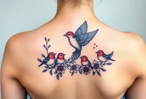 Mom bird and three baby birds with flowers tattoo idea