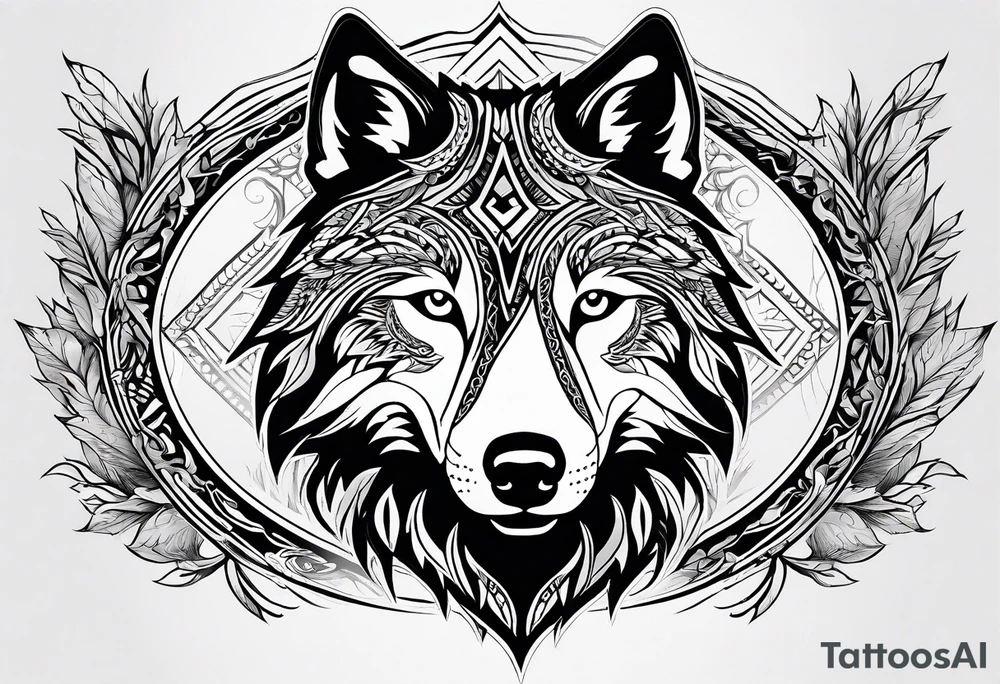 Halbes Gesicht eines Wolfes
Mit Keltischen Zeichen
Im Hintergrund Wald und Berge
Fenrir tattoo idea