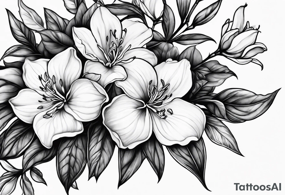 5-petal azaleas with buds along a long branch tattoo idea