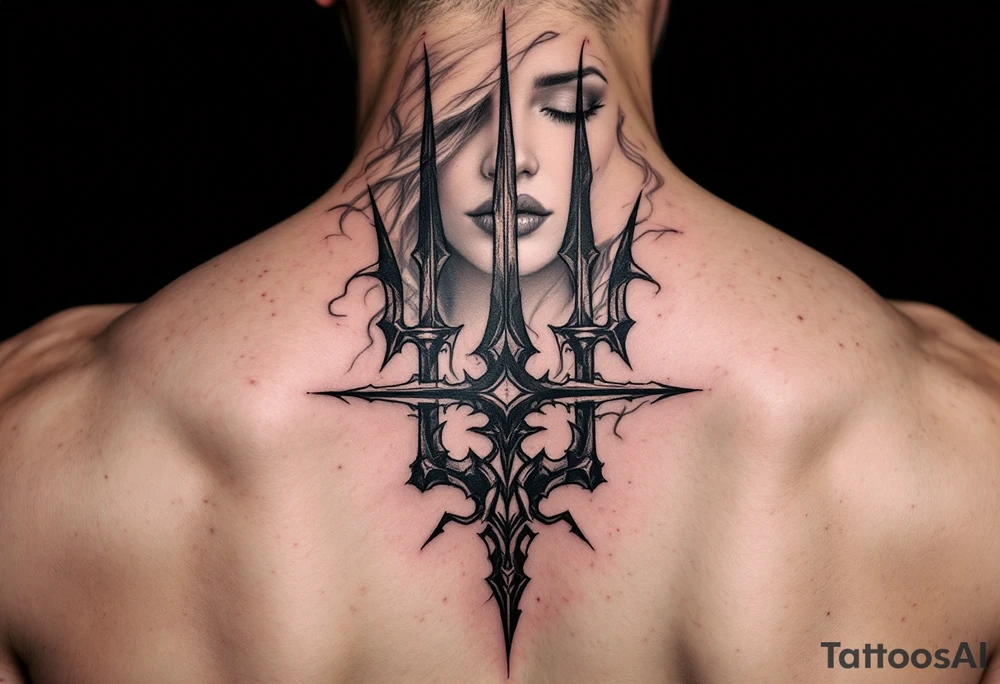 gentle face behind trident tattoo idea