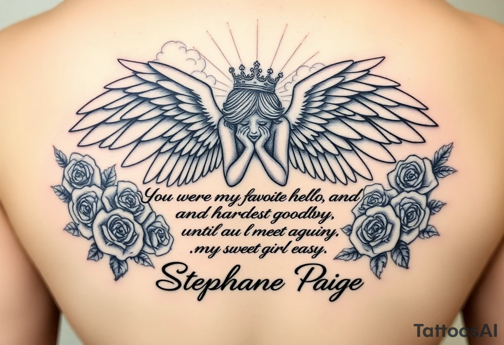 A beautiful memorial tribute tattoo with a fallen angel with big beautiful wings kneeled down crying with roses all around and clouds above and beams of haven shining down. With the saying " You were my favorite hello,and my hardest goodbye.Until we meet again,my sweet girl,rest easy" with the name Stephanie Paige underneath the saying ,all in bold beautiful writing or font. Add a bold crown at the top of it all and any extras you feel would blend or go with this idea. tattoo idea
