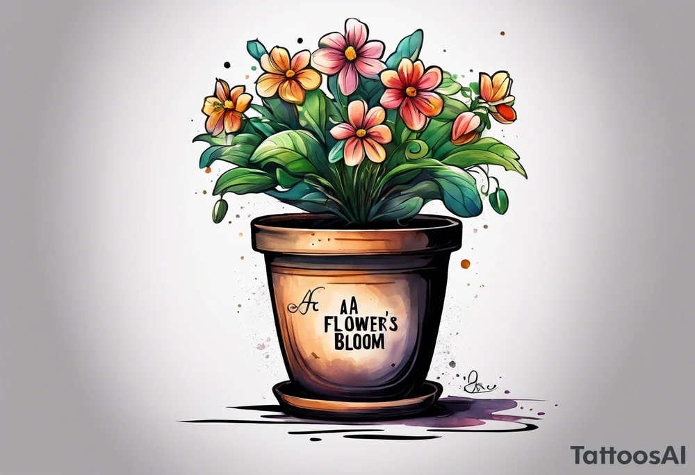 a flowerpot with a small flower coming out of it, just about to bloom. i would like the text, "a flower's gonna bloom real soon" around it tattoo idea