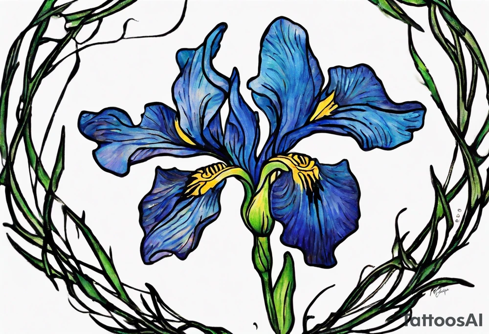 Create a small Vincent van Gogh Irises tattoo, with vines gracefully intertwining at a central point in the middle of the wreath.  The intended placement is on the upper chest. The overall design should be small in size while maintaining a delicate and artistic aesthetic. Pay attention to the graceful flow of the vines and the placement of the irises to achieve a refined and elegant look. tattoo idea