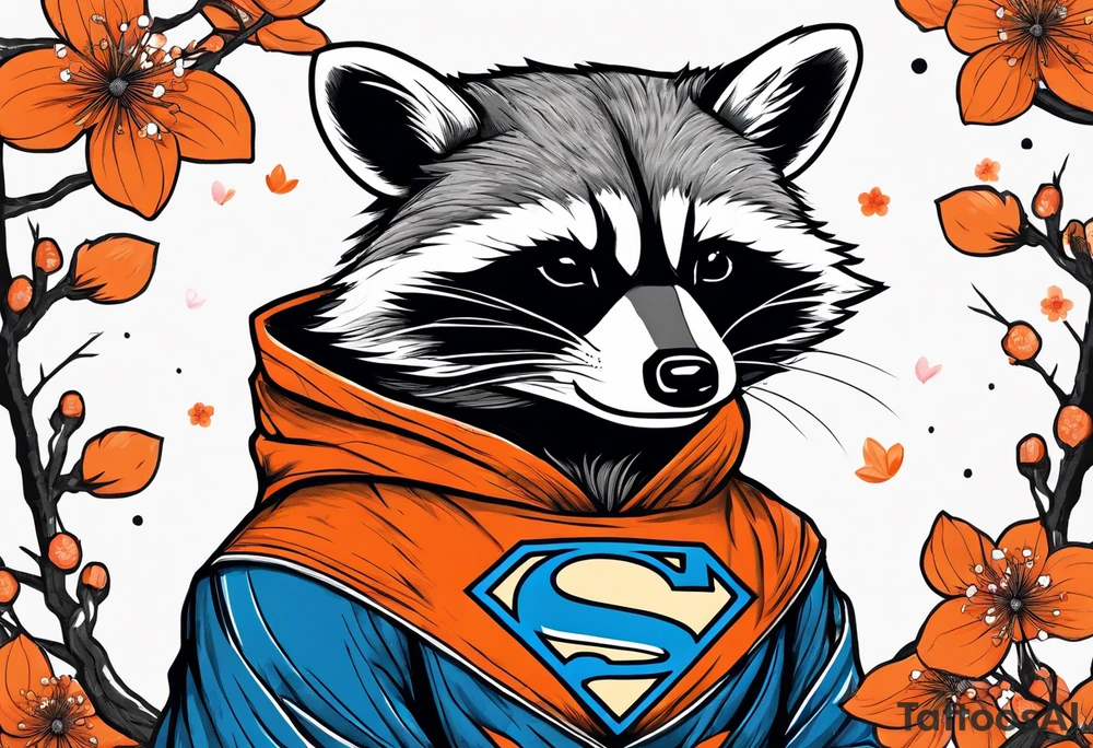 raccoon wearing a Superman hoodie with orange Japanese cherry blossoms tattoo idea