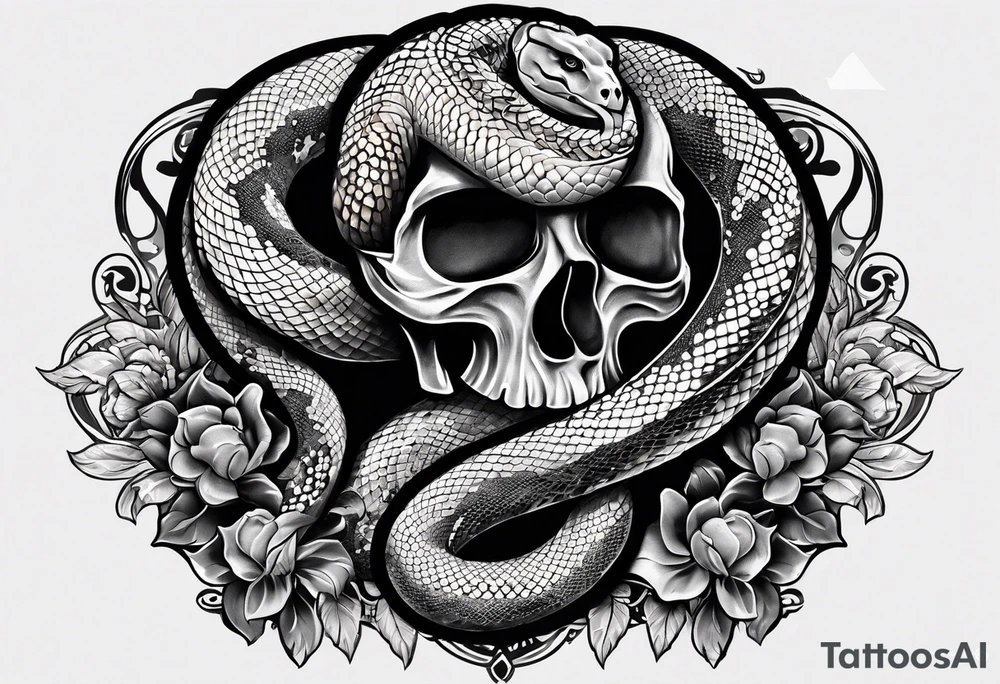 snake sleeve tattoo with skull, snake as focal point, with the word Hydra Gang on it tattoo idea