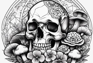 skull and mushrooms tattoo idea