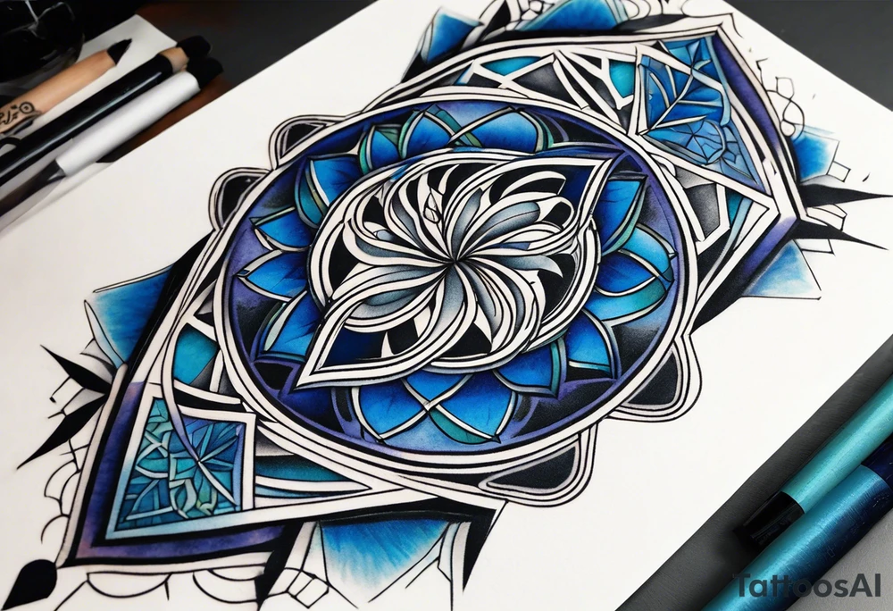 semi Detailed neo traditional knee tattoo flat on paper. The tattoo features geometric patterns and bold lines, creating a visually striking design with slight tints of deep fall colors. The a background featuring deep blues washes and water swirls tattoo idea