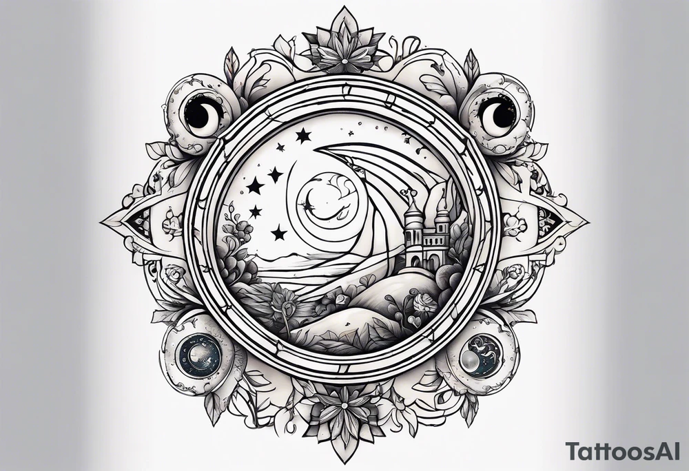 A tattoo design inspired by southern Italian folklore tales, incorporating mystical creatures and celestial objects such as moons and stars, reflecting the client's love for folklore and celestial objects. tattoo idea