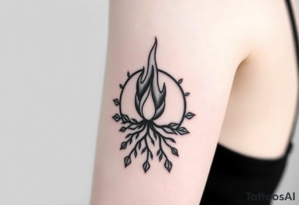 flame in a blooming roots circle tattoo idea