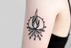 flame in a blooming roots circle tattoo idea
