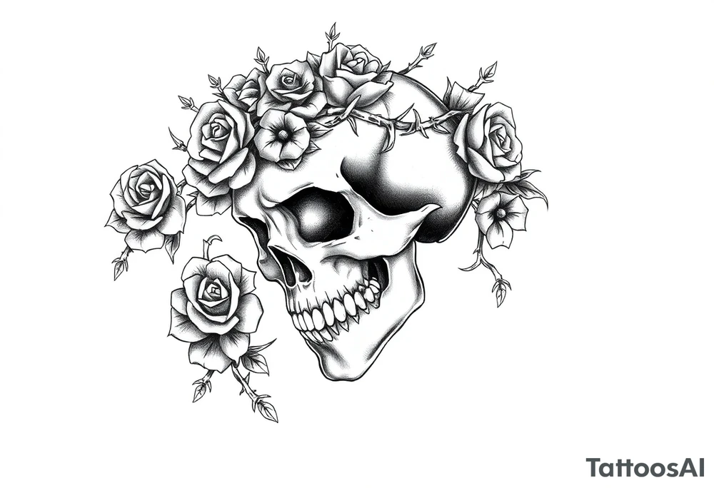 ornate skull adorned with crown of wild roses and thorns tattoo idea