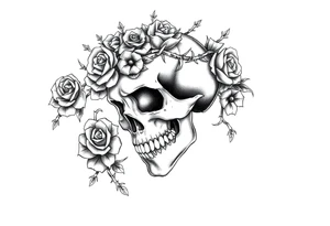 ornate skull adorned with crown of wild roses and thorns tattoo idea