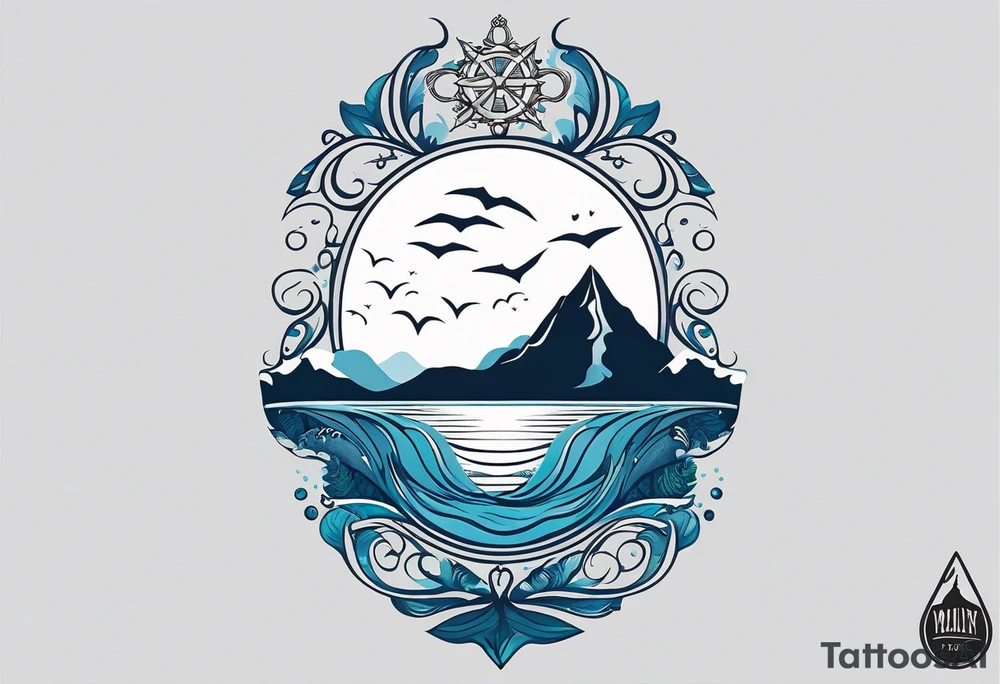 This is a minimalistic tattoo split into 2 distinct sections; a top half and a bottom half. The top half is a mountain in Norway with a windy mountain bike trail wrapping around the mountain. The bottom half of the tattoo depicts an underwater ocean scene, featuring blue water and sea life including a manta ray and sea turtle. tattoo idea