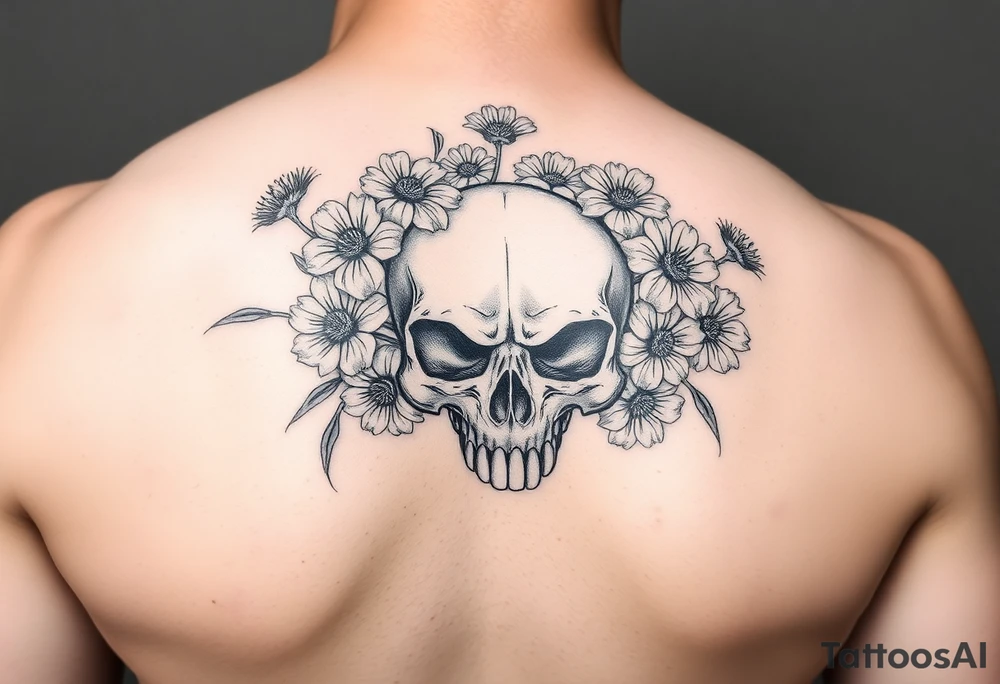 Skull surrounded by honeysuckles and dandelions tattoo idea Skull surrounded by honeysuckles and dandelions tattoo idea