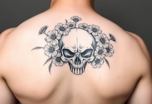 Skull surrounded by honeysuckles and dandelions tattoo idea