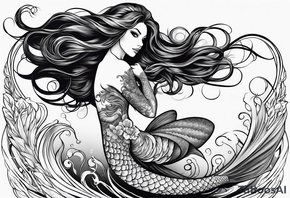 sexy full bodied mermaid with long 
flowing tail and hair, tattoo sleeve tattoo idea