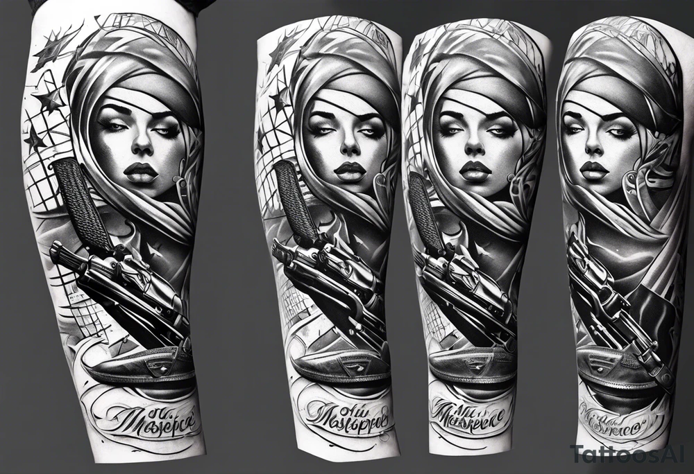 Arm tattoo sleeve include ak-47, tennis racket, fitness, motivational quote, sun, tattoo idea
