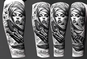 Arm tattoo sleeve include ak-47, tennis racket, fitness, motivational quote, sun, tattoo idea