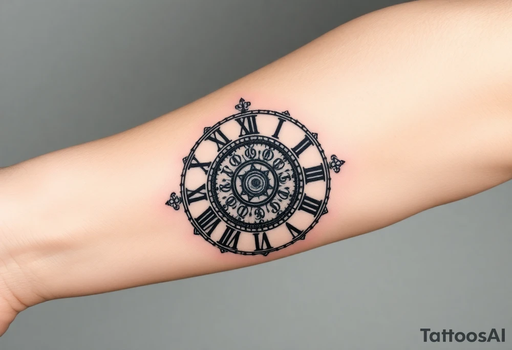 vintage roman numerals within ornate clockwork mechanism tattoo idea
