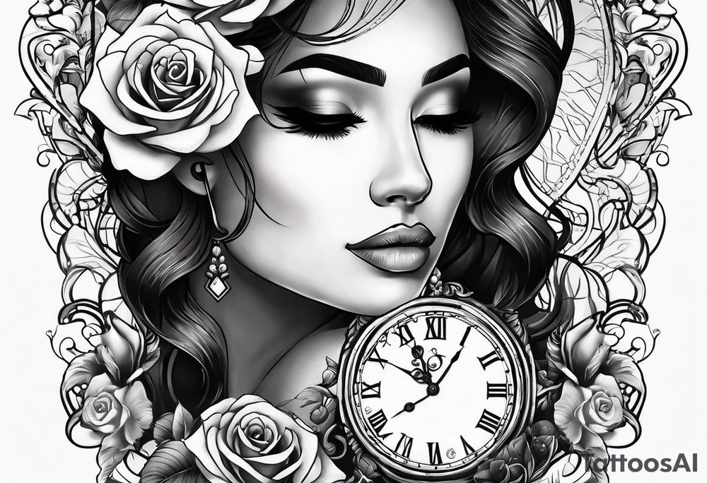 Hispanic/ Latin  woman GODDESS with half skull face, roses, loving heART, strength to move forward cancer zodiac , small clock on face tattoo idea