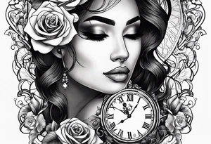 Hispanic/ Latin  woman GODDESS with half skull face, roses, loving heART, strength to move forward cancer zodiac , small clock on face tattoo idea