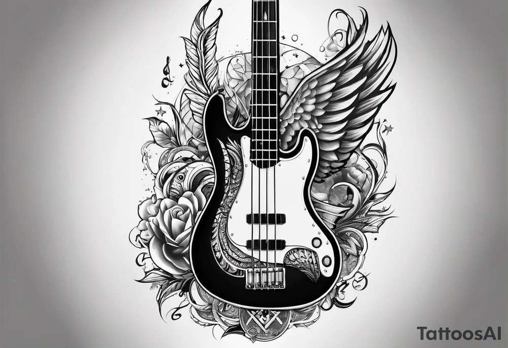 Tattoo full left arm with a collage of a bass guitar, a medicine caduceus, two stars tattoo idea