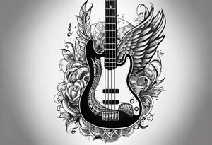 Tattoo full left arm with a collage of a bass guitar, a medicine caduceus, two stars tattoo idea