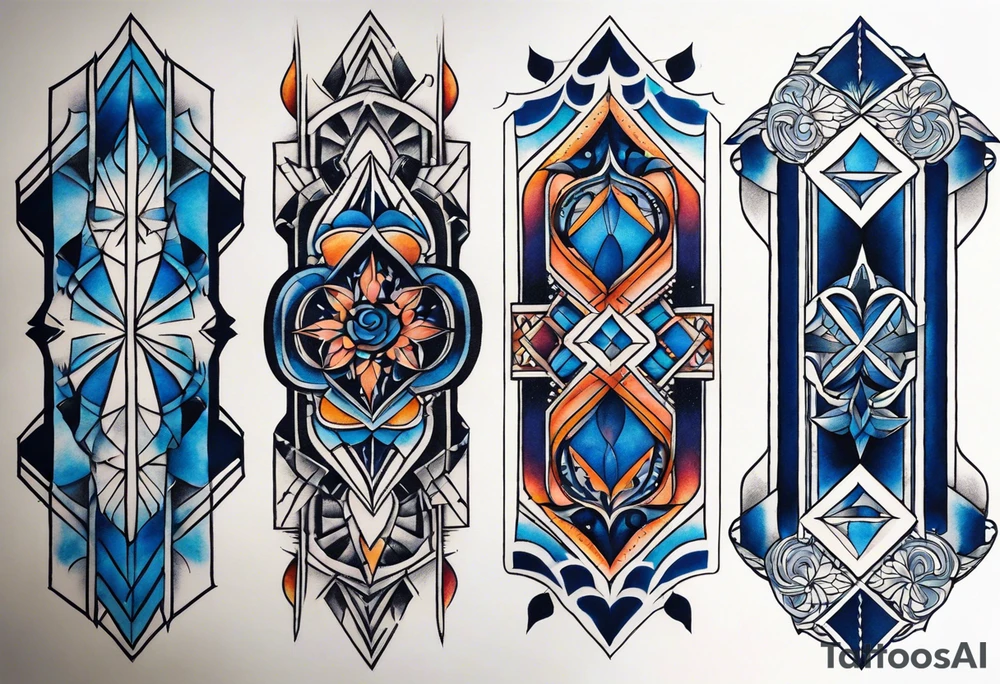 semi Detailed neo traditional knee tattoo flat on paper. The tattoo features geometric patterns and bold lines, creating a visually striking design with slight tints of deep fall colors. The a background featuring deep blues washes and water swirls tattoo idea