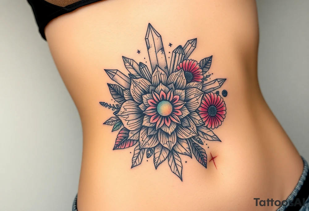 psychedelic  tattoo with crystals and  mandala style flowers and mushrooms bugs tattoo idea