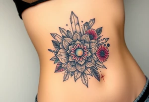 psychedelic  tattoo with crystals and  mandala style flowers and mushrooms bugs tattoo idea