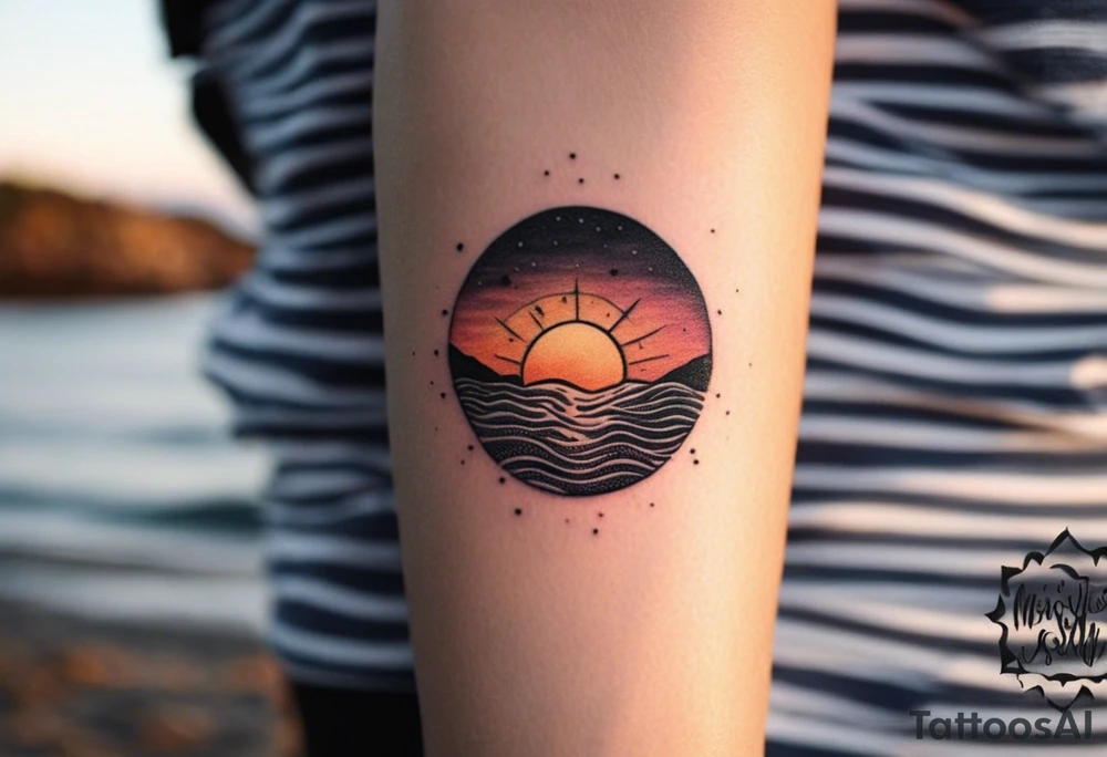 This tattoo needs to be incredibly simple and minimal. It's a sunset from the perspective of being on a boat on the ocean. The waves are very calm and there is no land in site. There are slight reflections of the sun on the water. The tattoo will be in landscape orientation. Mostly black with small splashes of color from the sun. There should be no objects in the tattoo besides the sun, water, and maybe some clouds and a bird or two. No land or boats. tattoo idea