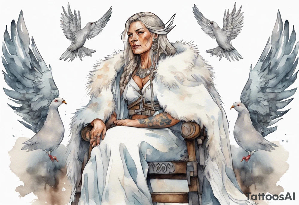 a 45-year-old Viking woman wearing a white fur cloak sitting on a throne with a dove on her shoulder tattoo idea